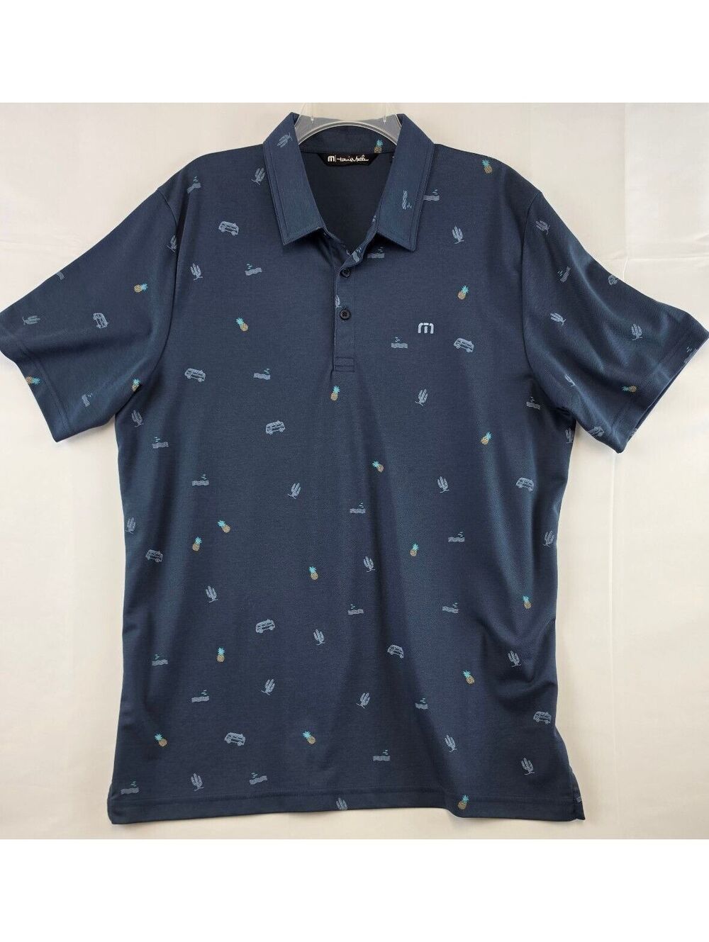Travis Mathew Men's XL Navy Blue Polo Shirt with Pineapple and Cactus Print